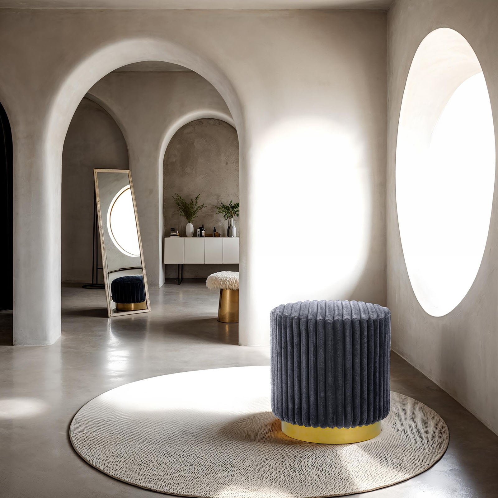 Round Accent Stool Gold Base Stainless Steel Fur Fabric Contemporary Dark Gray Finish Primary Living Room
