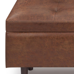 Shay 48 inch Wide Mid-Century Rectangular Storage Ottoman in Distressed Saddle Brown Vegan Leather