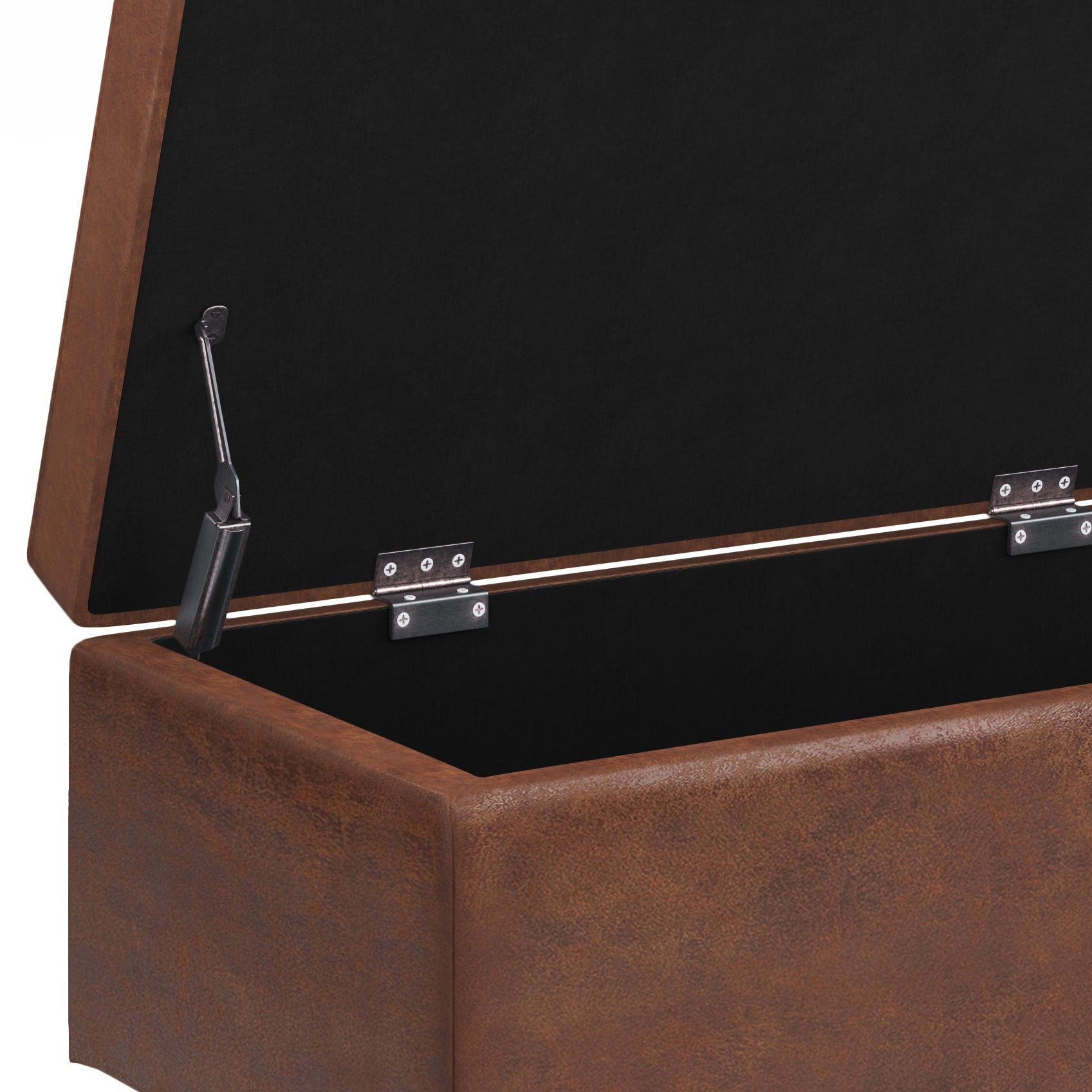 Shay 48 inch Wide Mid-Century Rectangular Storage Ottoman in Distressed Saddle Brown Vegan Leather