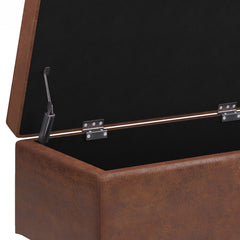 Shay 48 inch Wide Mid-Century Rectangular Storage Ottoman in Distressed Saddle Brown Vegan Leather