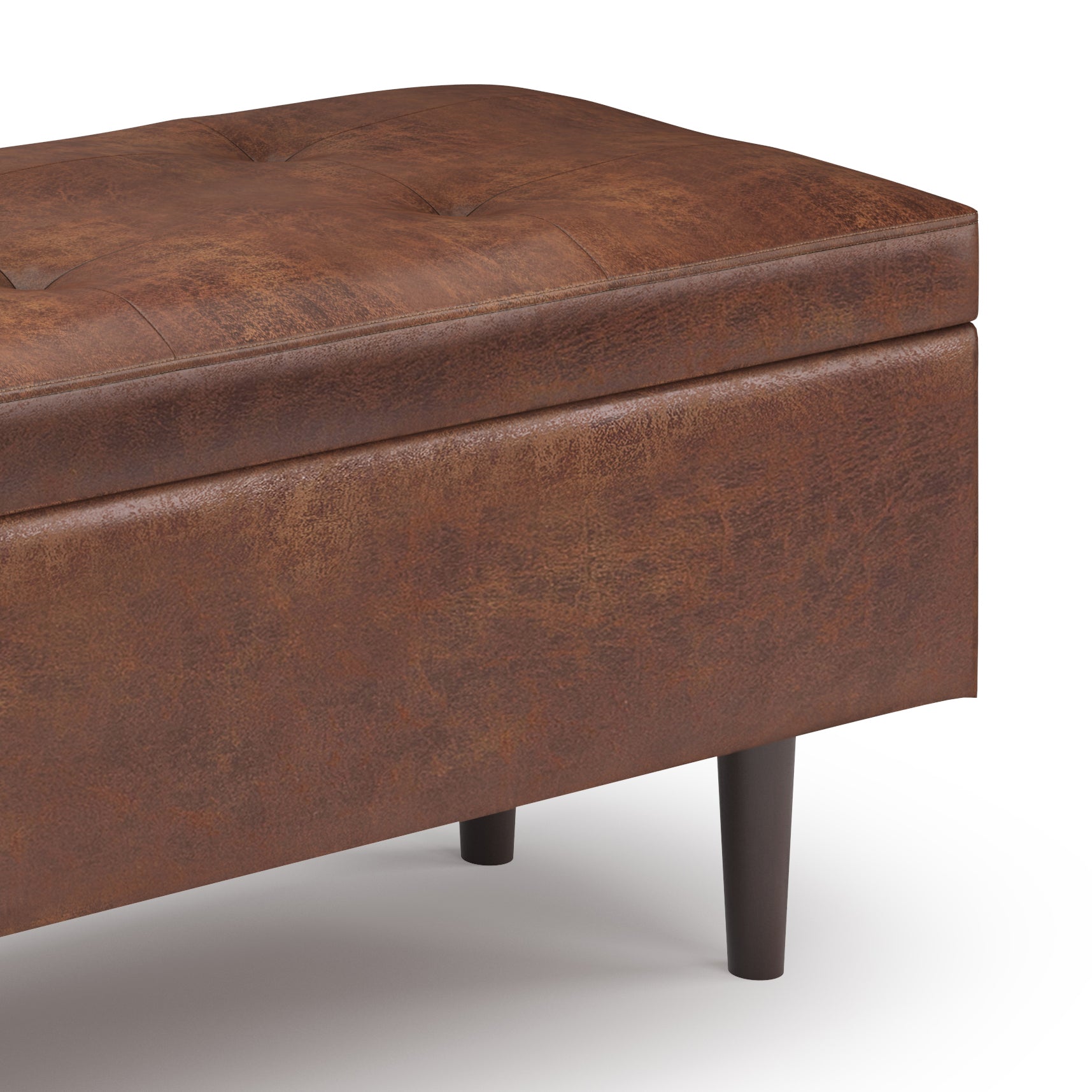 Shay 48 inch Wide Mid-Century Rectangular Storage Ottoman in Distressed Saddle Brown Vegan Leather