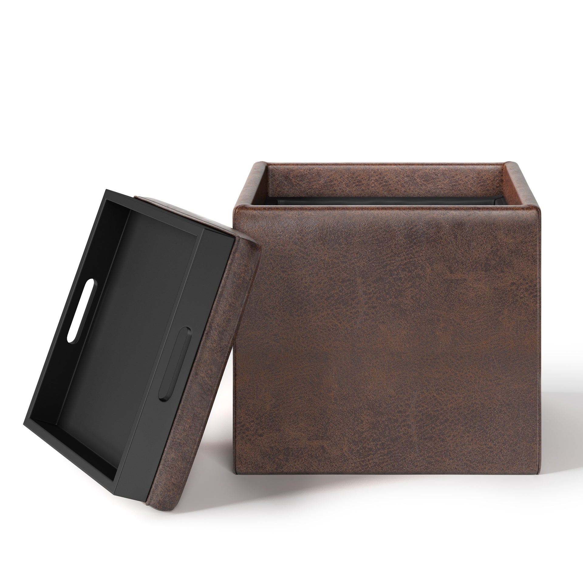 Rockwood 17 inch Wide Cube Storage Ottoman with Tray in Distressed Brown Vegan Leather