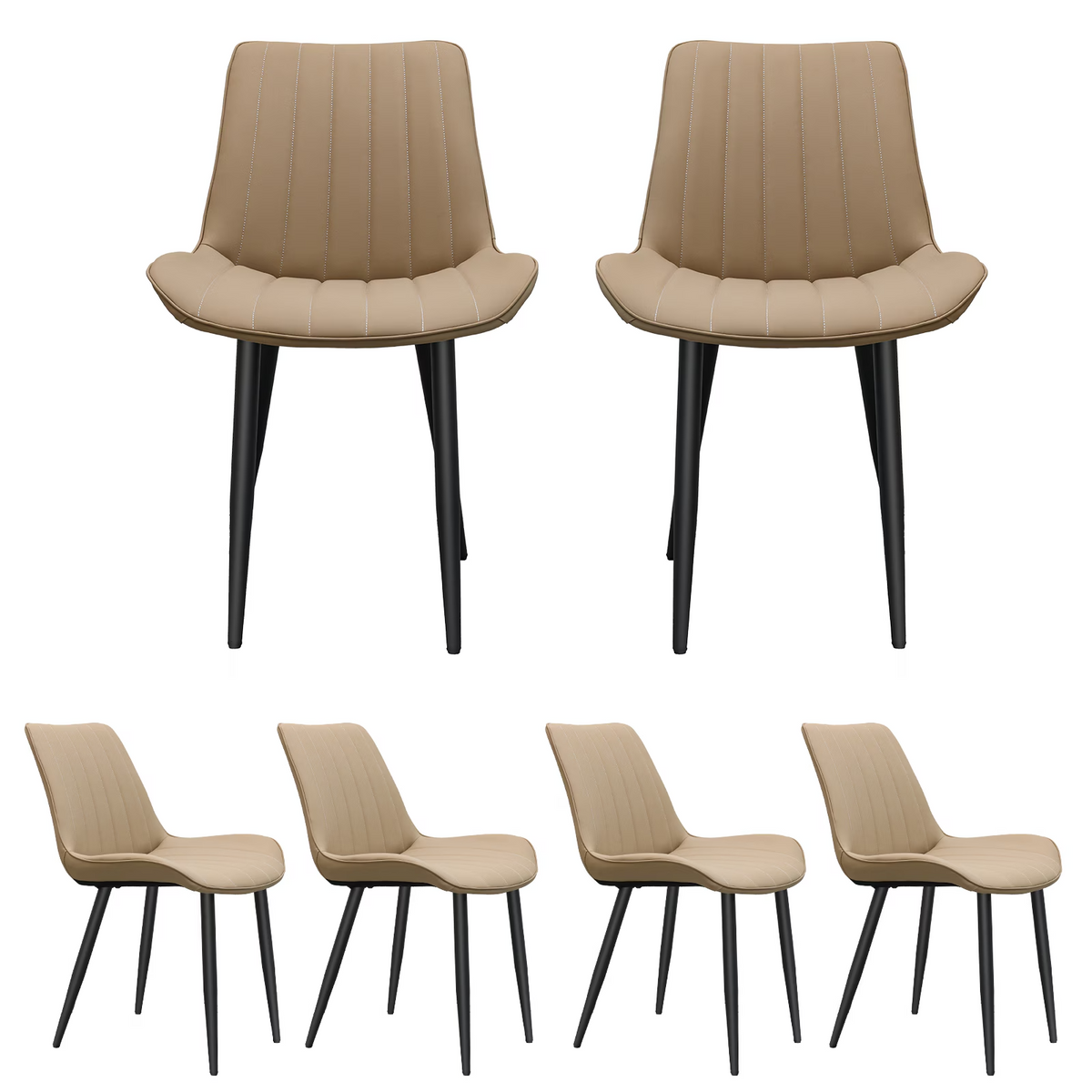 Khaki PU Leather Dining Chair with Metal Legs, Wave Pattern Upholstered Armless Chair Set of 6 for Kitchen, Restaurant, Living, Meeting Room