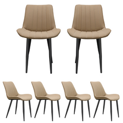 Khaki PU Leather Dining Chair with Metal Legs, Wave Pattern Upholstered Armless Chair Set of 6 for Kitchen, Restaurant, Living, Meeting Room