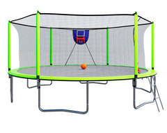 15FT Trampoline with Basketball Hoop Inflator and Ladder, 6pcs safety new pole Sleeves- Green