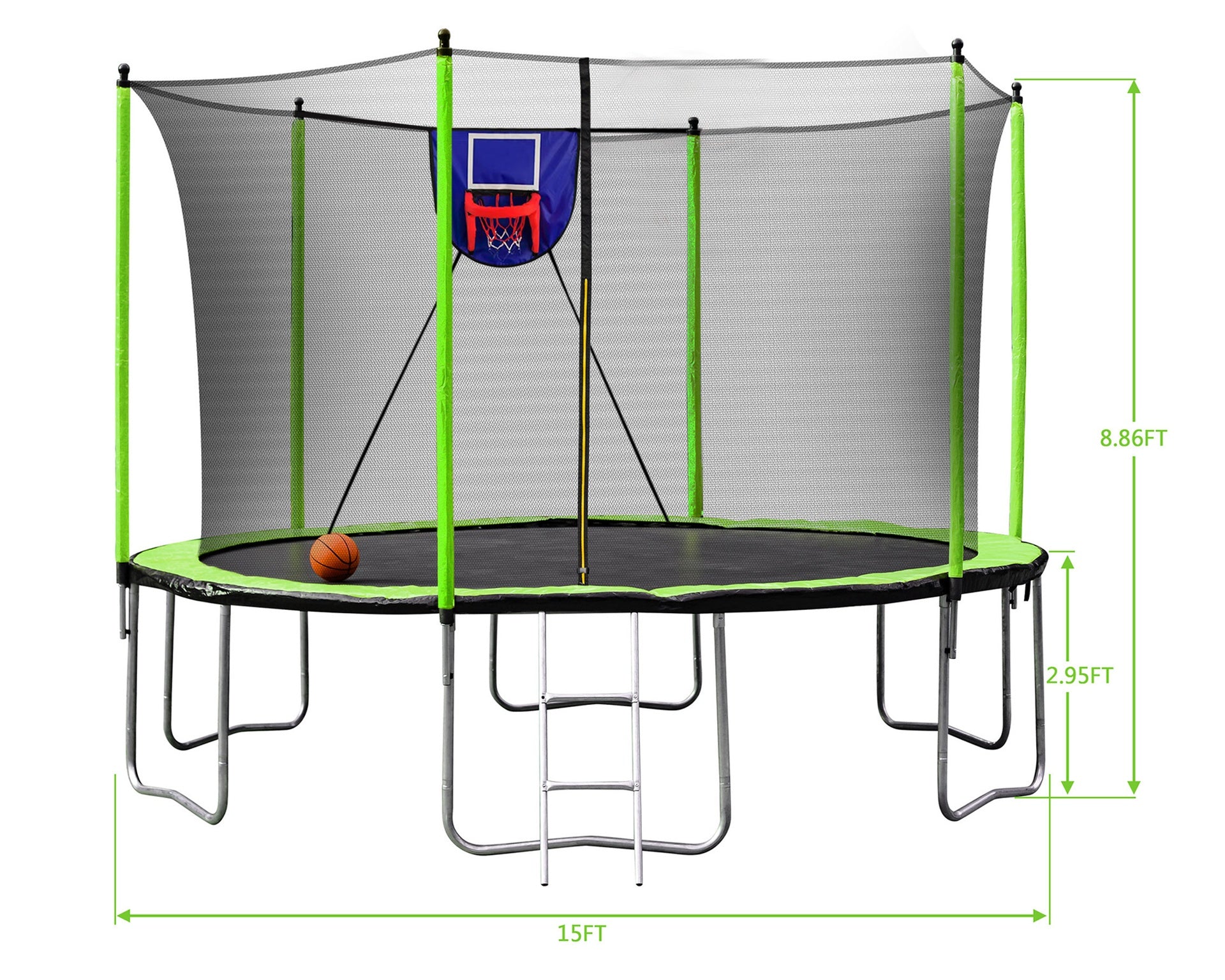 15FT Trampoline with Basketball Hoop Inflator and Ladder, 6pcs safety new pole Sleeves- Green