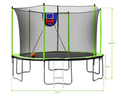 15FT Trampoline with Basketball Hoop Inflator and Ladder, 6pcs safety new pole Sleeves- Green