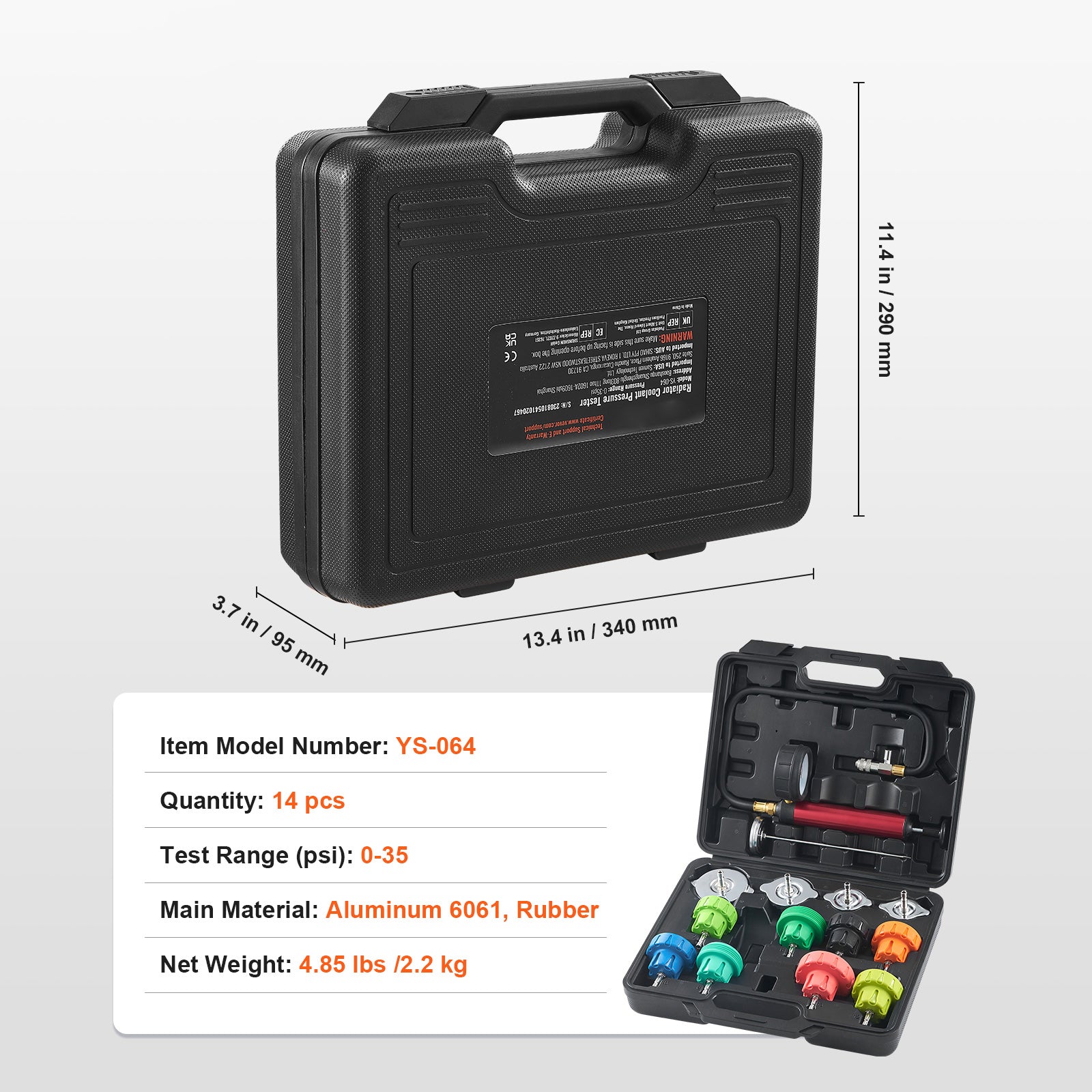 14 pcs Universal Radiator Pressure Tester Kit, Coolant Pressure Tester Kit with Manual Pump and Color-coded Steel Test Cap Adapters, with Toolbox, For Cars Motorcycles Trucks Cooling System