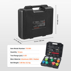14 pcs Universal Radiator Pressure Tester Kit, Coolant Pressure Tester Kit with Manual Pump and Color-coded Steel Test Cap Adapters, with Toolbox, For Cars Motorcycles Trucks Cooling System