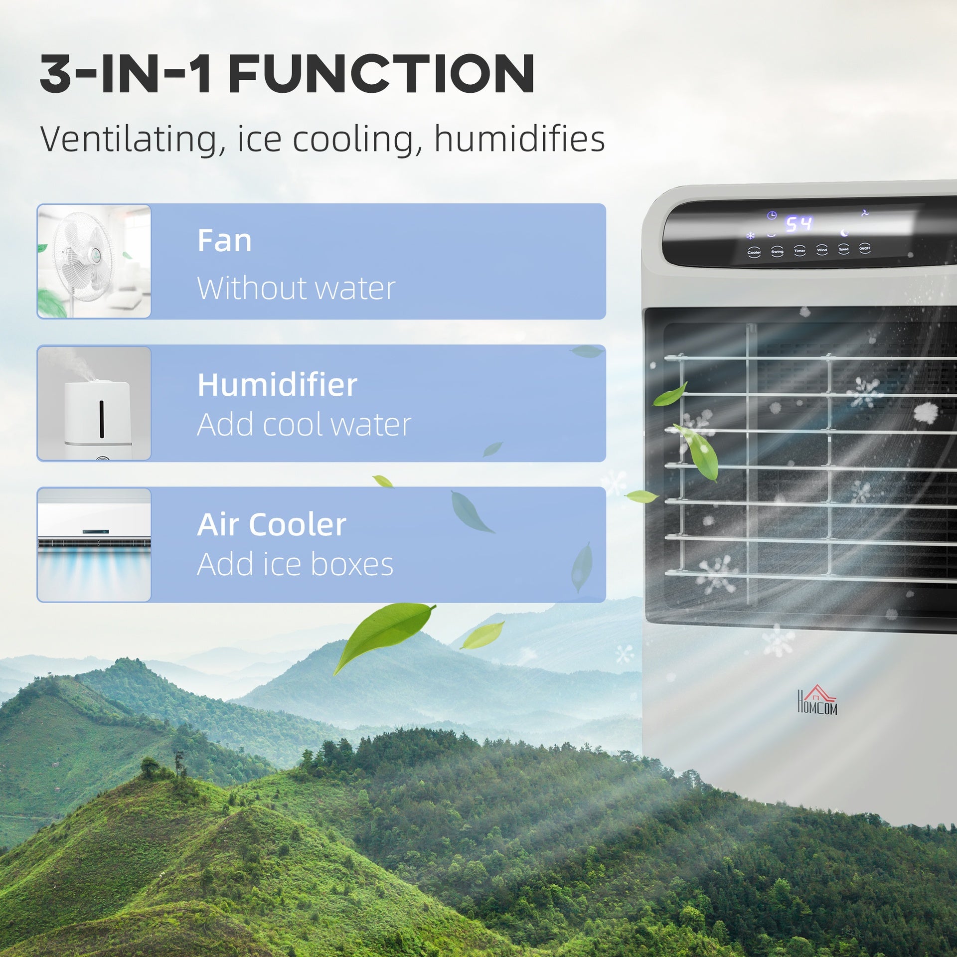 HOMCOM 32" Evaporative Air Cooler with 3.2 Gal Water Tank, 60° Oscillating, 3-In-1 Ice Cooling Fan, Portable Swamp Cooler with Humidifier for Home Office, 3 Modes, 3 Speeds, 12H Timer, Remote, Gray