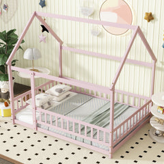 Full Size House Floor Wooden Bed with Roof Frame, Safety Guardrails,Pink