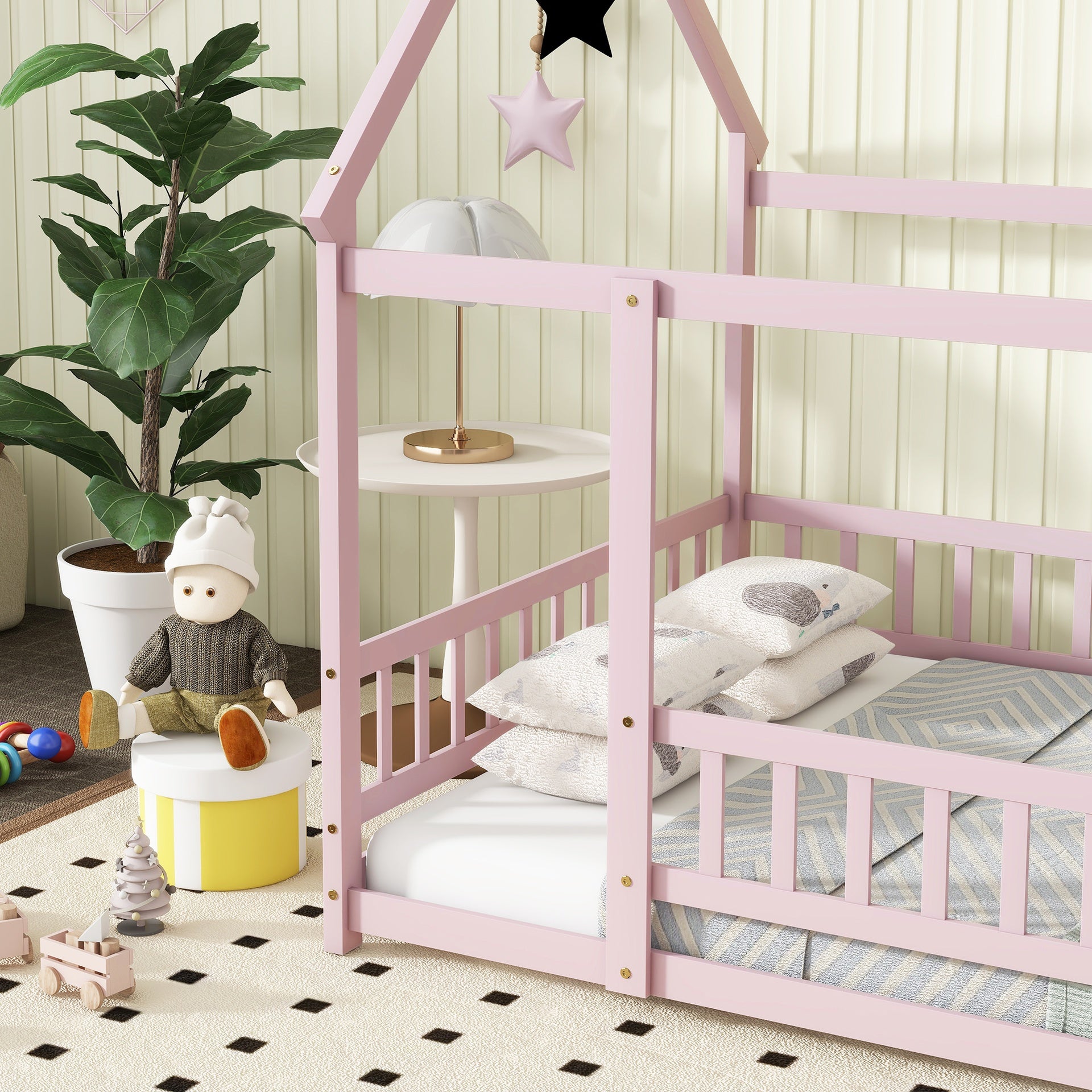 Full Size House Floor Wooden Bed with Roof Frame, Safety Guardrails,Pink