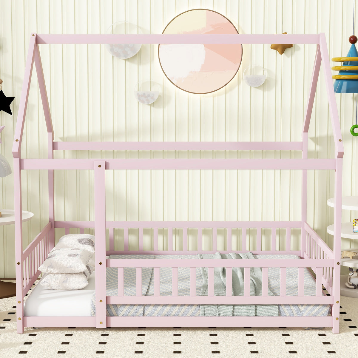 Full Size House Floor Wooden Bed with Roof Frame, Safety Guardrails,Pink