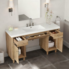 60 Inch Bathroom Vanity with SMC Sink, Modern Spacious Bathroom Storage Cabinet with Soft Close Drawers and Tip-Out Tray, Solid Wood Legs and Silver Metal Knobs, Wood Color
