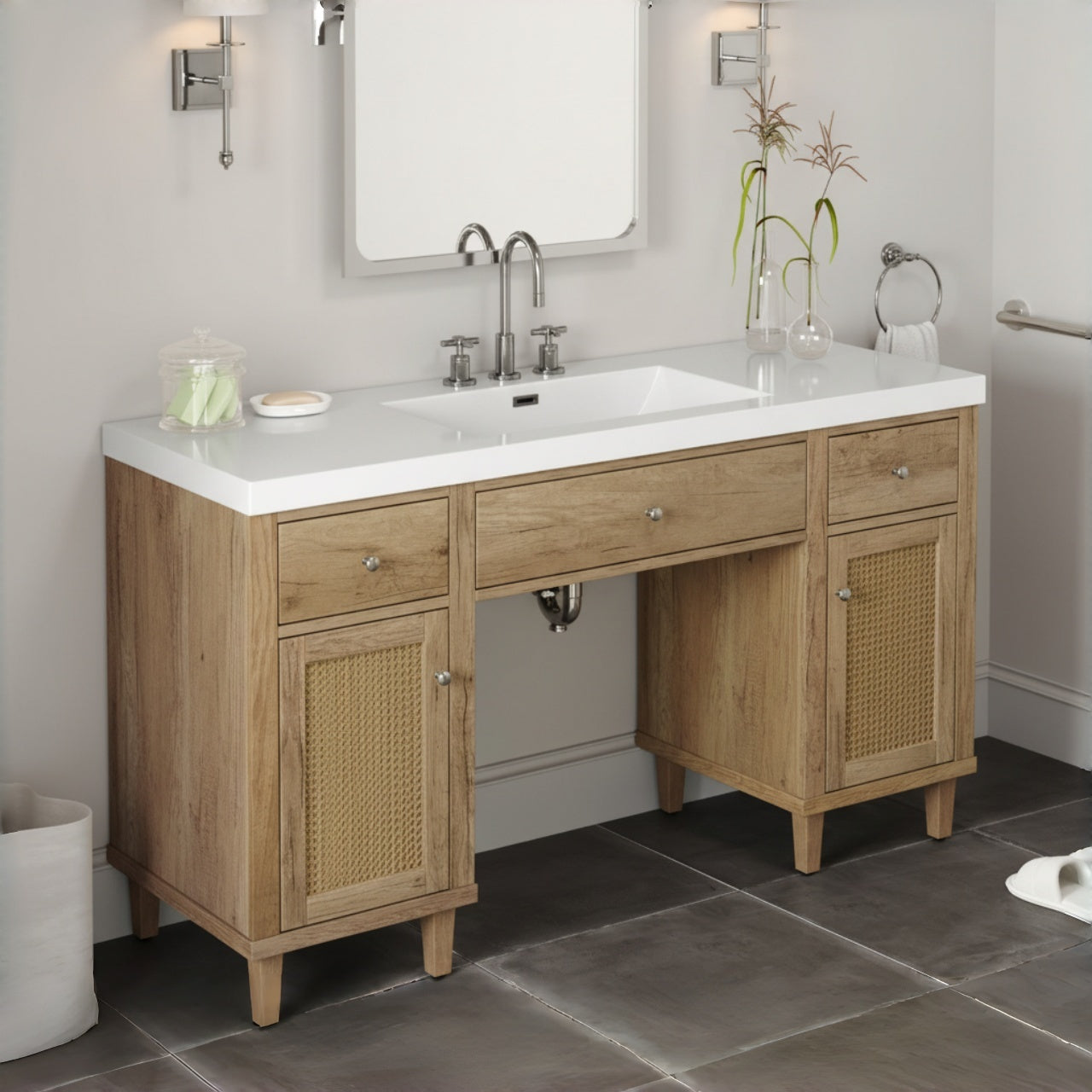 60 Inch Bathroom Vanity with SMC Sink, Modern Spacious Bathroom Storage Cabinet with Soft Close Drawers and Tip-Out Tray, Solid Wood Legs and Silver Metal Knobs, Wood Color