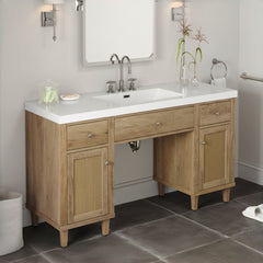 60 Inch Bathroom Vanity with SMC Sink, Modern Spacious Bathroom Storage Cabinet with Soft Close Drawers and Tip-Out Tray, Solid Wood Legs and Silver Metal Knobs, Wood Color