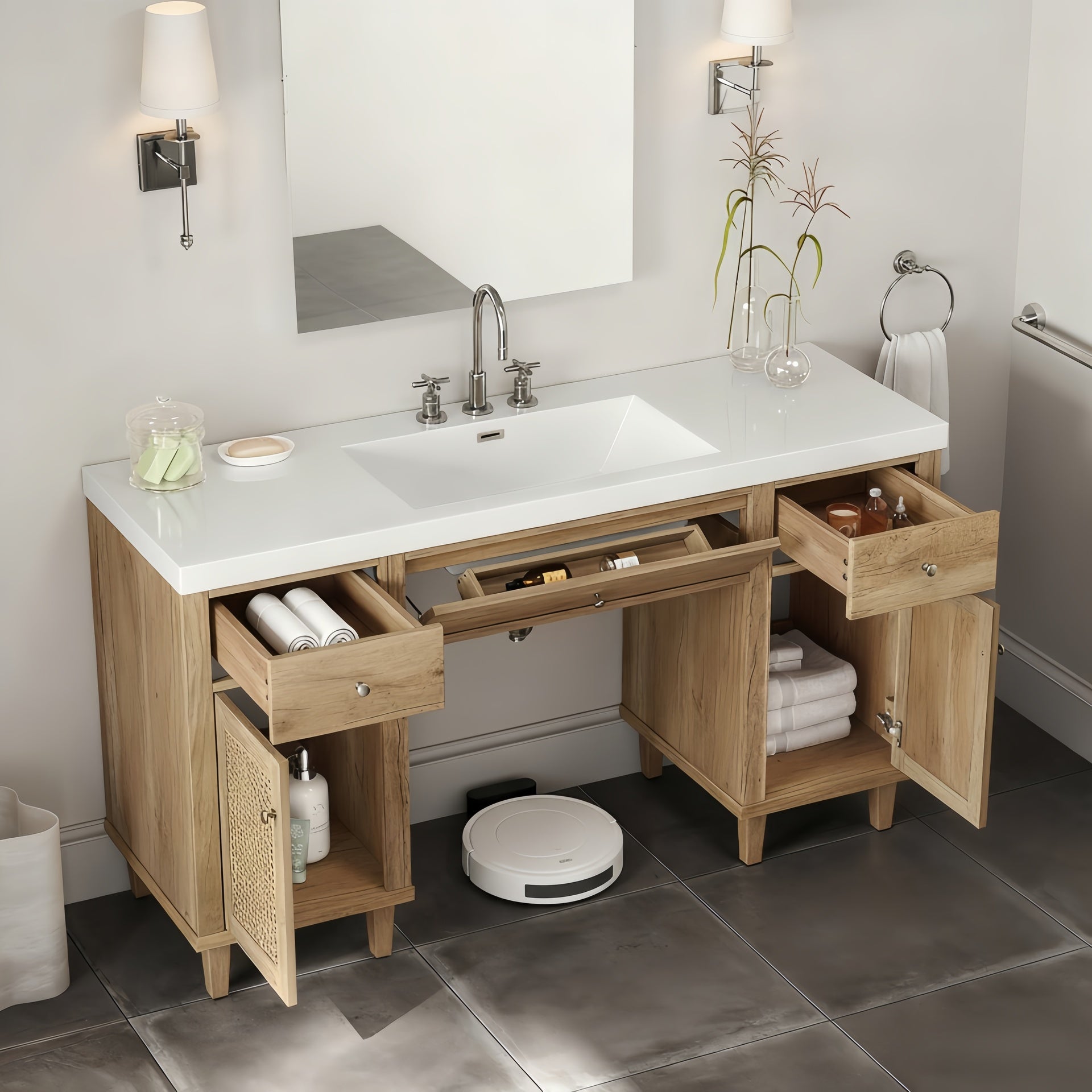 60 Inch Bathroom Vanity with SMC Sink, Modern Spacious Bathroom Storage Cabinet with Soft Close Drawers and Tip-Out Tray, Solid Wood Legs and Silver Metal Knobs, Wood Color