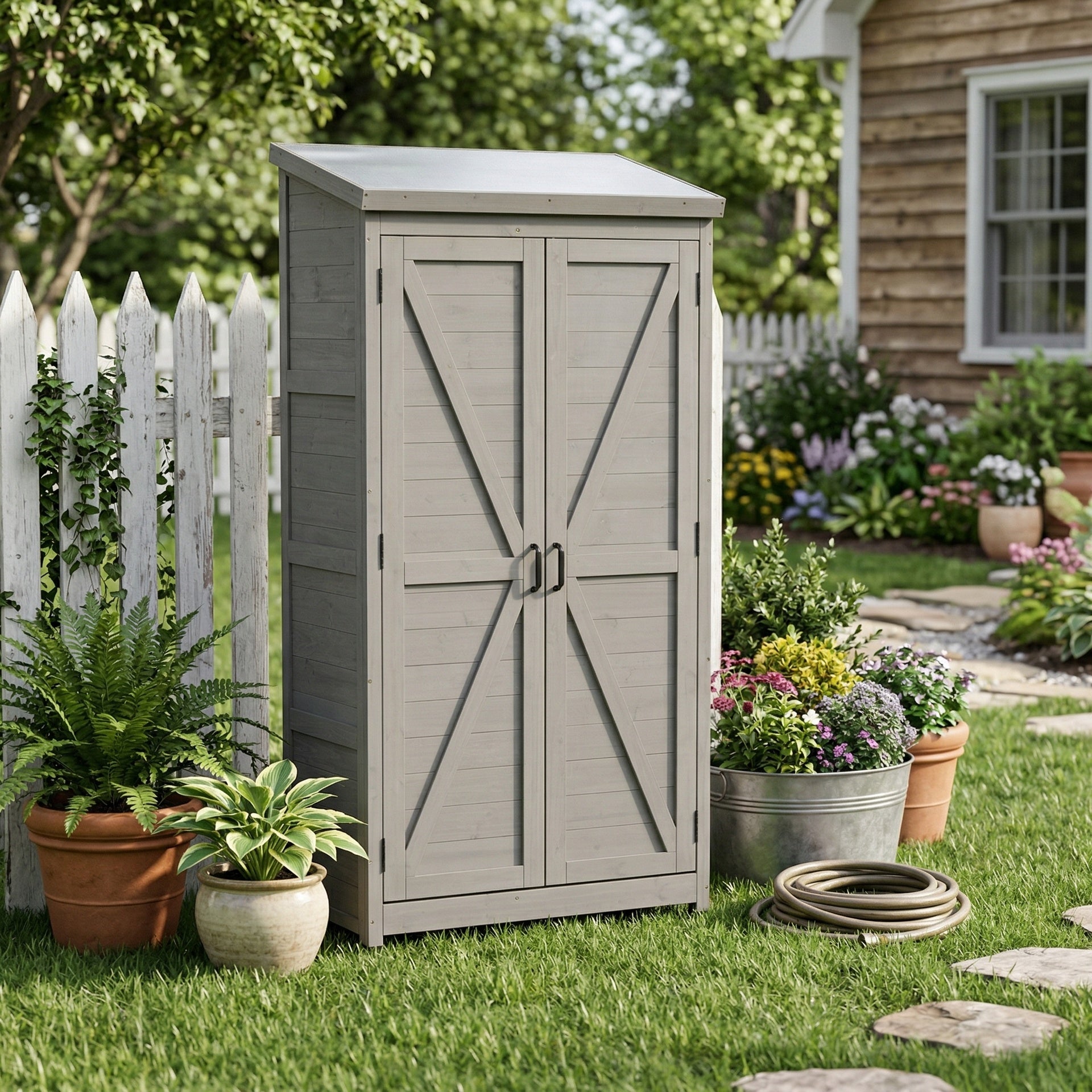 Outdoor Wooden Storage Shed with Metal Top Tall Vertical Tool Cabinet for Backyard Garden Patio Lawn