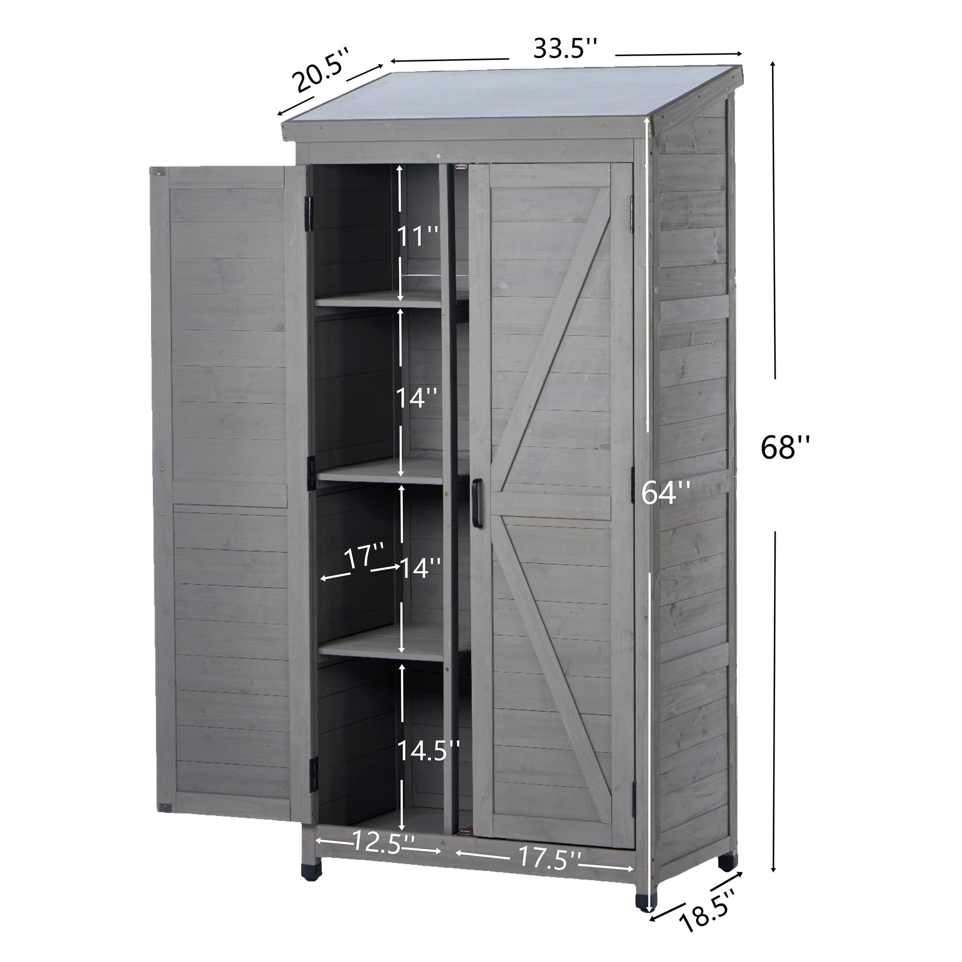Outdoor Wooden Storage Shed with Metal Top Tall Vertical Tool Cabinet for Backyard Garden Patio Lawn