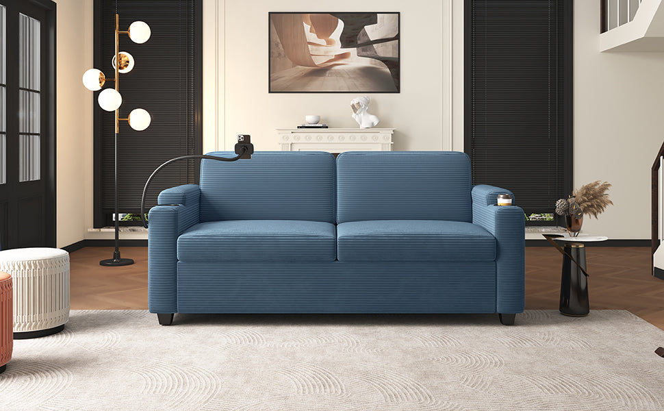 72.8" Corduroy Sleeper Sofa Loveseat Sofa with Full Size Mattress, Two USB Ports, Two Cup Holders, Two Side Pockets and a Phone Holder for Living Room, Navy Blue