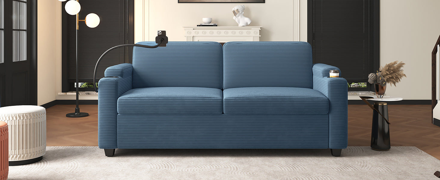 72.8" Corduroy Sleeper Sofa Loveseat Sofa with Full Size Mattress, Two USB Ports, Two Cup Holders, Two Side Pockets and a Phone Holder for Living Room, Navy Blue