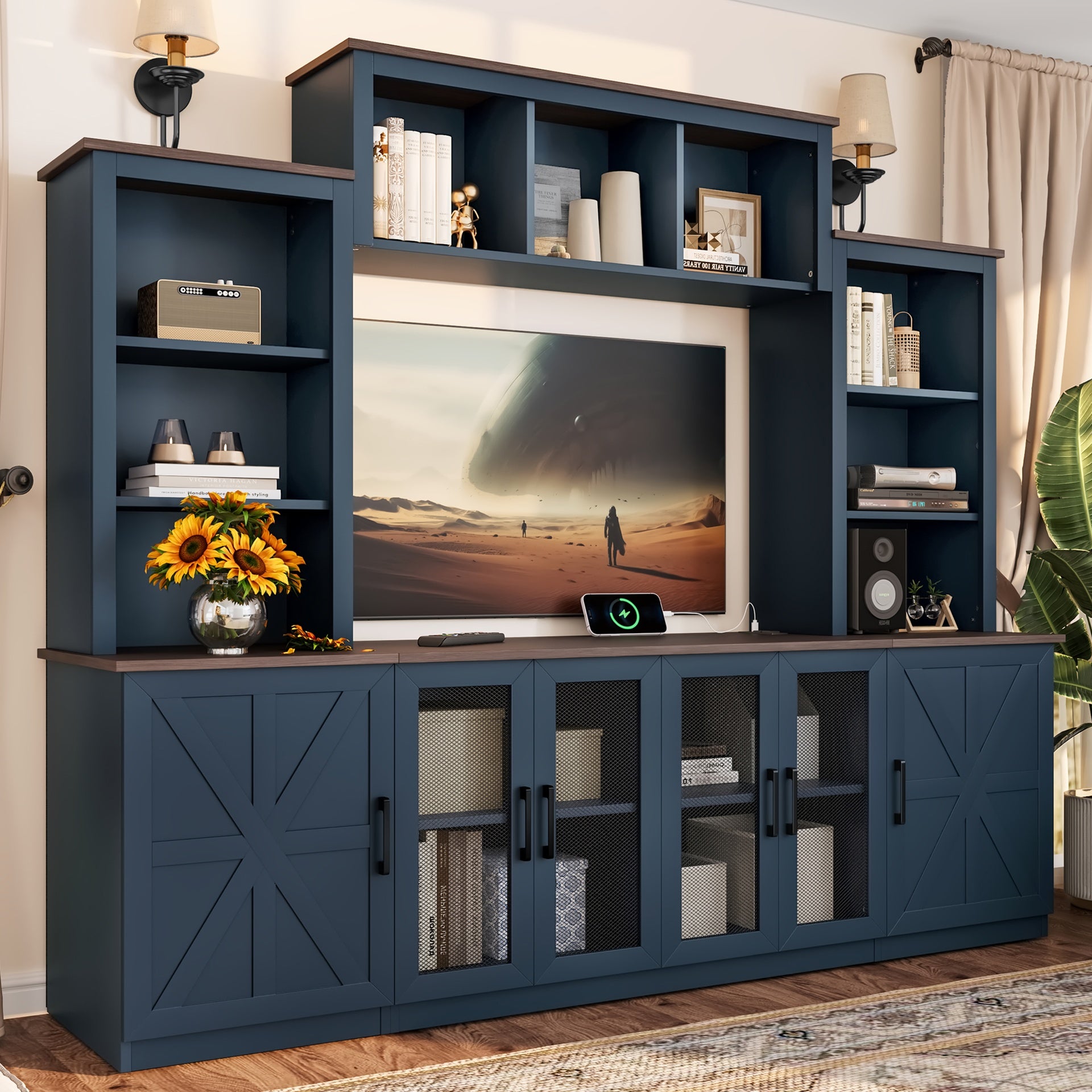 Wall Unit Entertainment Center with Charging Station and USB Charging for TVs,TV Stand with Large Storage Cabinet,Modern TV Stand Media Console with Cabinets,Blue