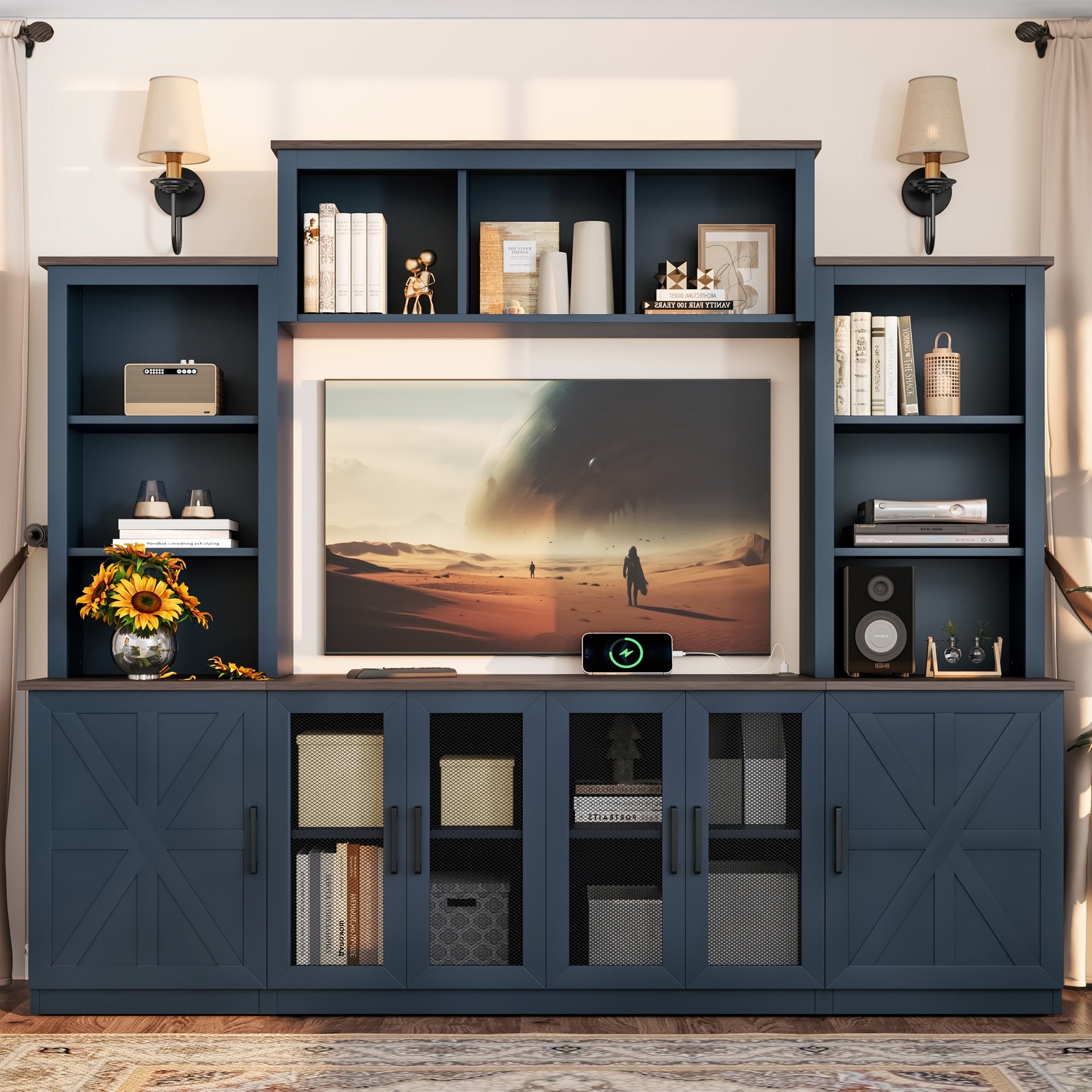 Wall Unit Entertainment Center with Charging Station and USB Charging for TVs,TV Stand with Large Storage Cabinet,Modern TV Stand Media Console with Cabinets,Blue