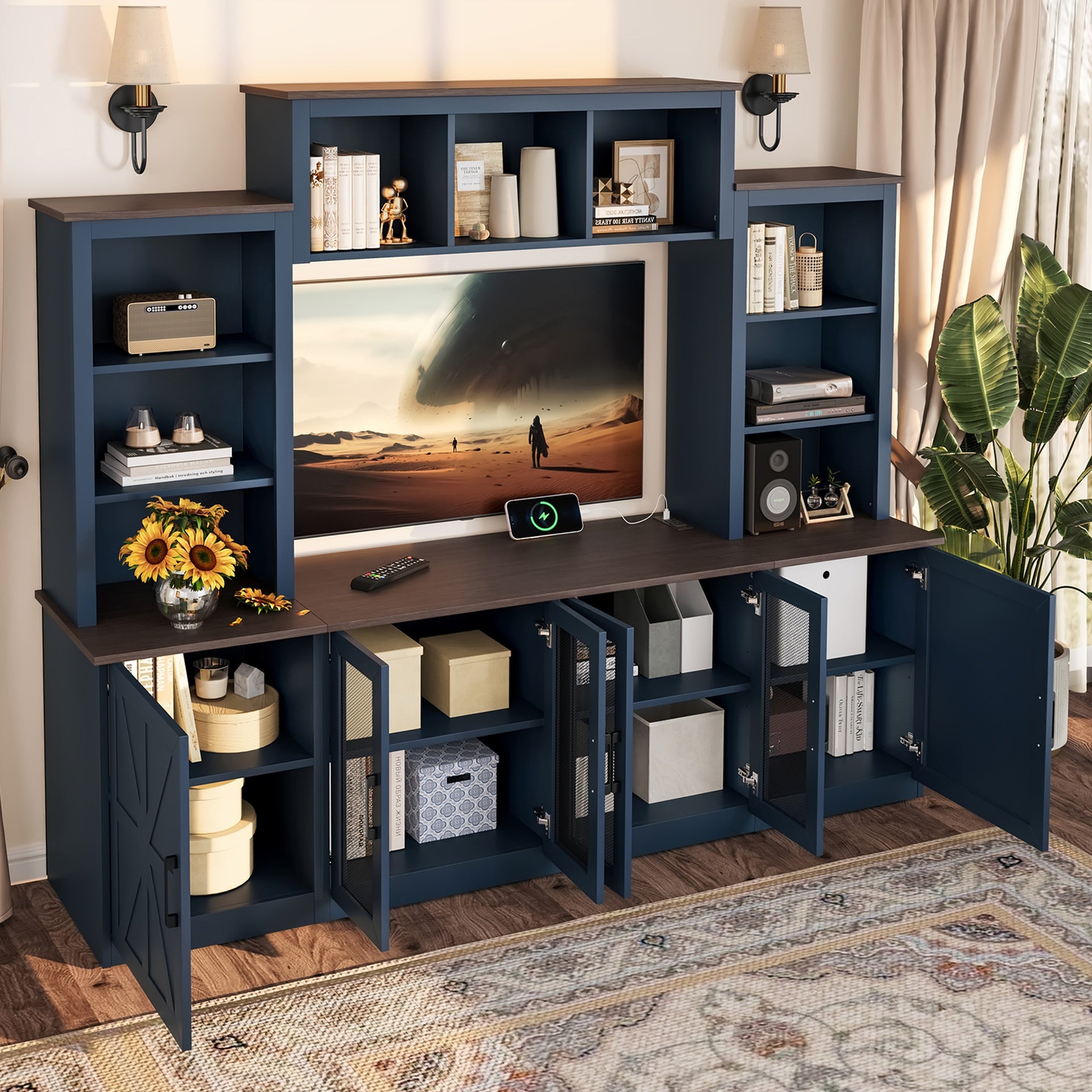 Wall Unit Entertainment Center with Charging Station and USB Charging for TVs,TV Stand with Large Storage Cabinet,Modern TV Stand Media Console with Cabinets,Blue