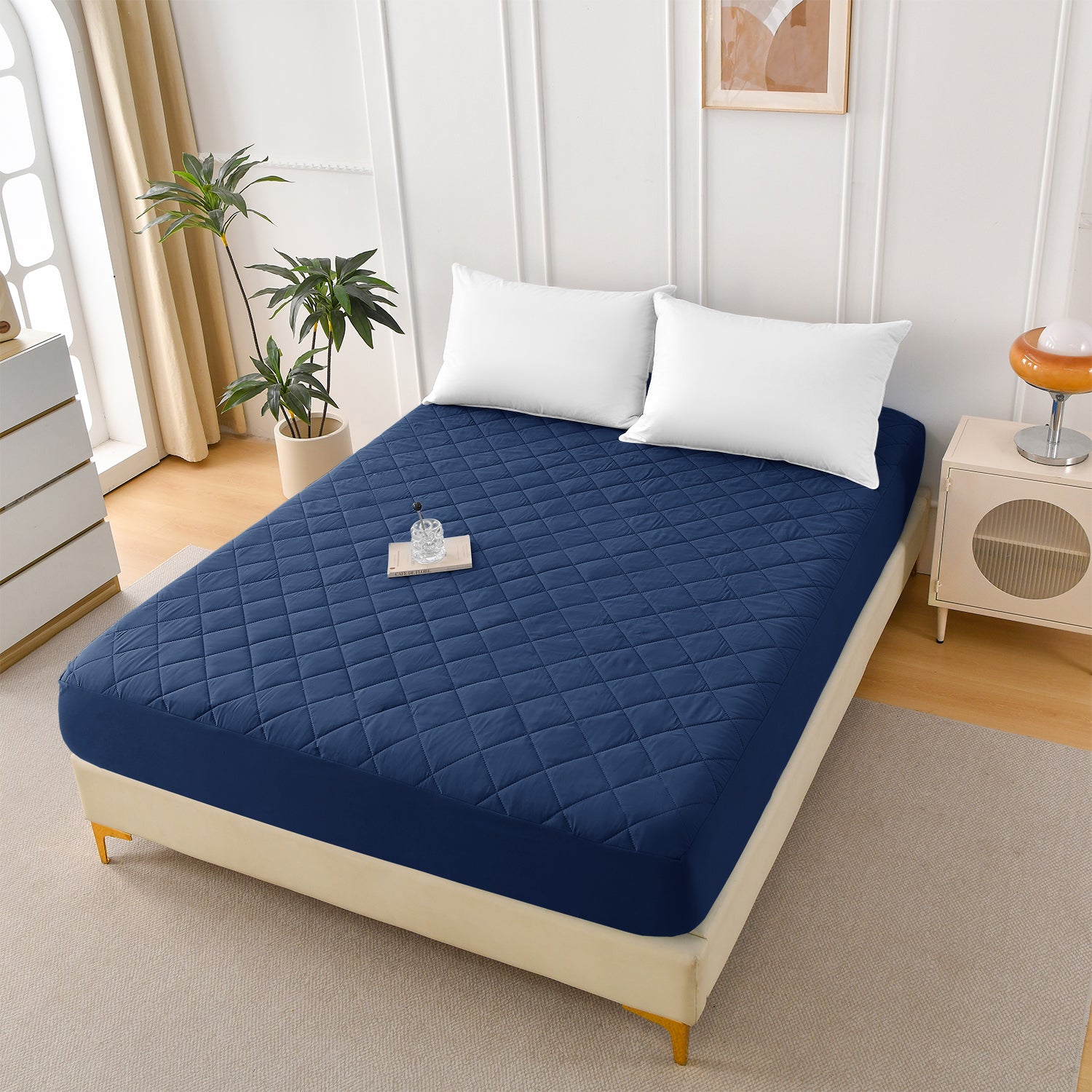 Diamond-patterned ultrasonic waterproof quilted fitted sheet, navy blue, Queen size