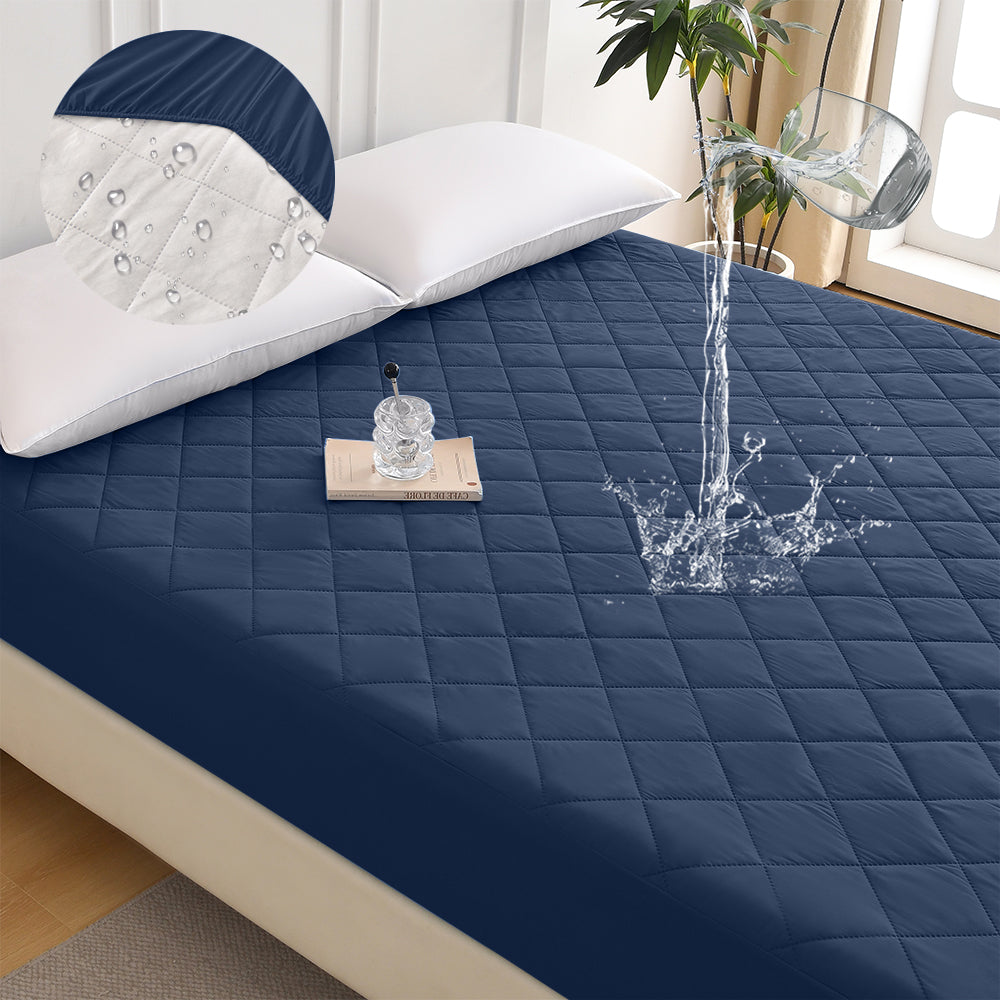Diamond-patterned ultrasonic waterproof quilted fitted sheet, navy blue, Queen size