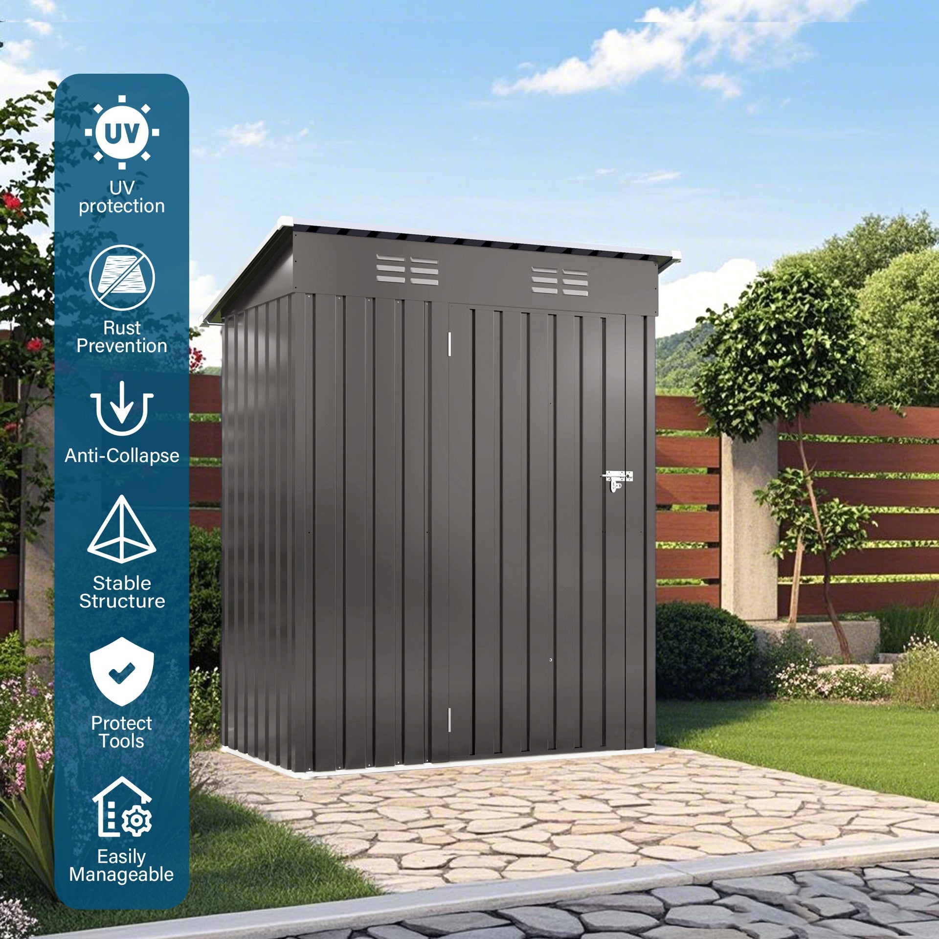5X3 FT Metal Outdoor Storage Shed, Tool Shed with Pitched Roof and Lockable Door Compact Metal Tool Shed for Garden, Backyard, Patio, Everyday Sundries and Bike Storage, Gray