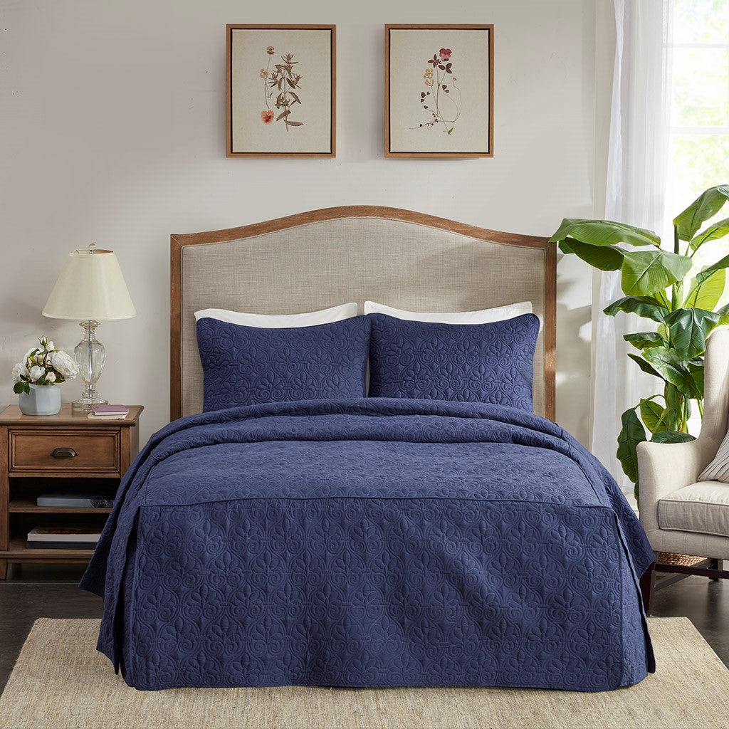 3 Piece Split Corner Pleated Quilted Bedspread Navy Queen