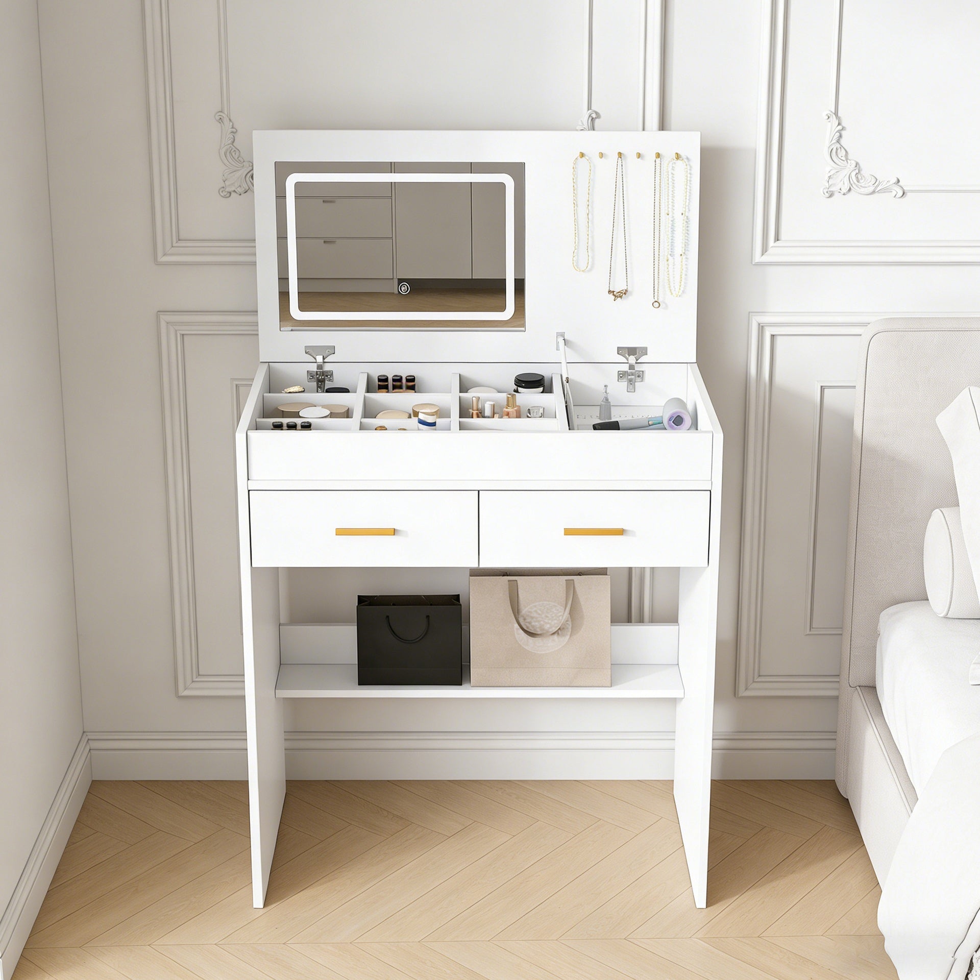 Flip Top Vanity Desk with LED Lighted Mirror & Built-in Outlet - Makeup Vanity Table with 2 Drawers, Open Storage, Hooks for Jewelry (No Stool Included, White)