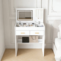 Flip Top Vanity Desk with LED Lighted Mirror & Built-in Outlet - Makeup Vanity Table with 2 Drawers, Open Storage, Hooks for Jewelry (No Stool Included, White)