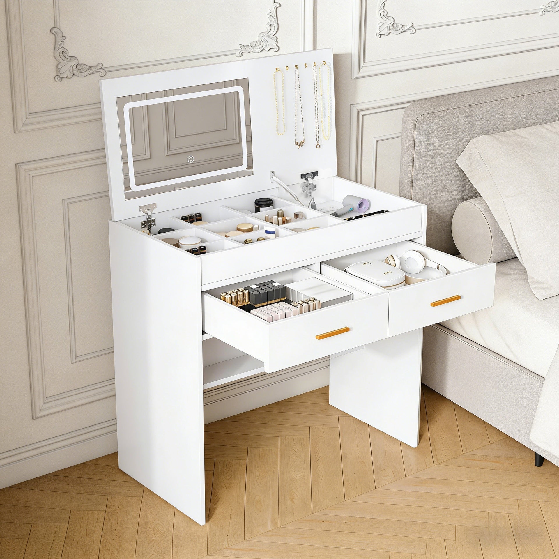 Flip Top Vanity Desk with LED Lighted Mirror & Built-in Outlet - Makeup Vanity Table with 2 Drawers, Open Storage, Hooks for Jewelry (No Stool Included, White)