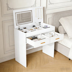 Flip Top Vanity Desk with LED Lighted Mirror & Built-in Outlet - Makeup Vanity Table with 2 Drawers, Open Storage, Hooks for Jewelry (No Stool Included, White)