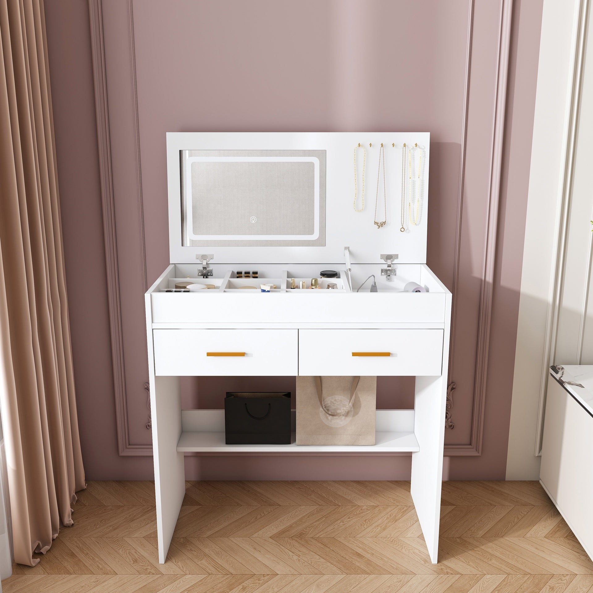 Flip Top Vanity Desk with LED Lighted Mirror & Built-in Outlet - Makeup Vanity Table with 2 Drawers, Open Storage, Hooks for Jewelry (No Stool Included, White)