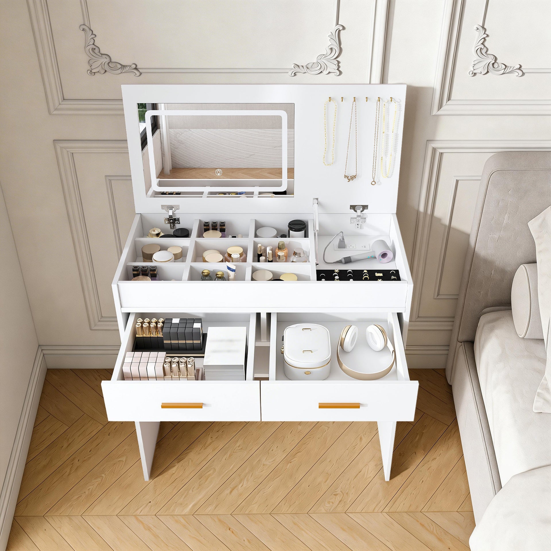 Flip Top Vanity Desk with LED Lighted Mirror & Built-in Outlet - Makeup Vanity Table with 2 Drawers, Open Storage, Hooks for Jewelry (No Stool Included, White)