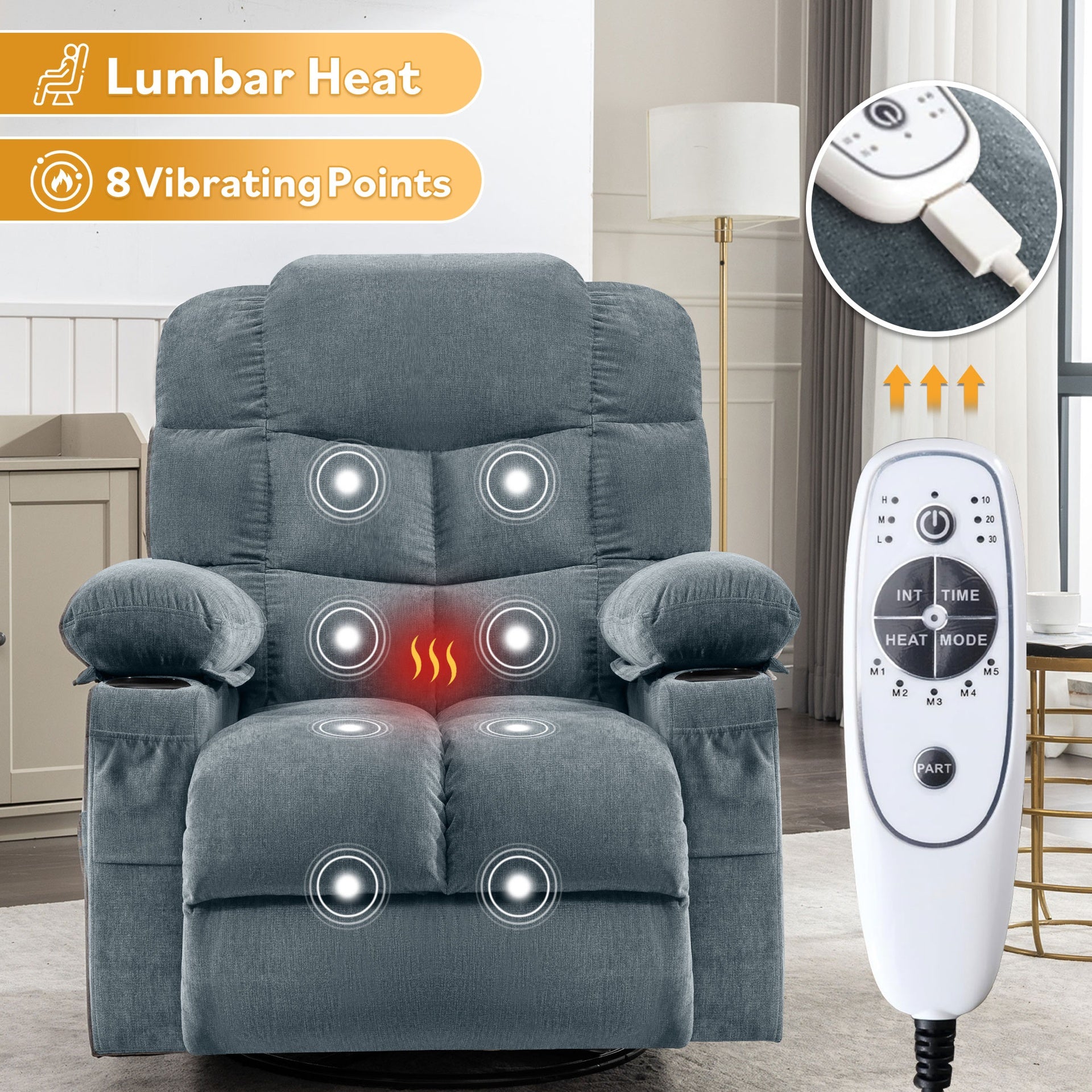 Oversized Massage Swivel Recliner Chair with Lumbar Heating for Living Room Rocker Recliner with Cup Holders and USB Charge Port, for Adult