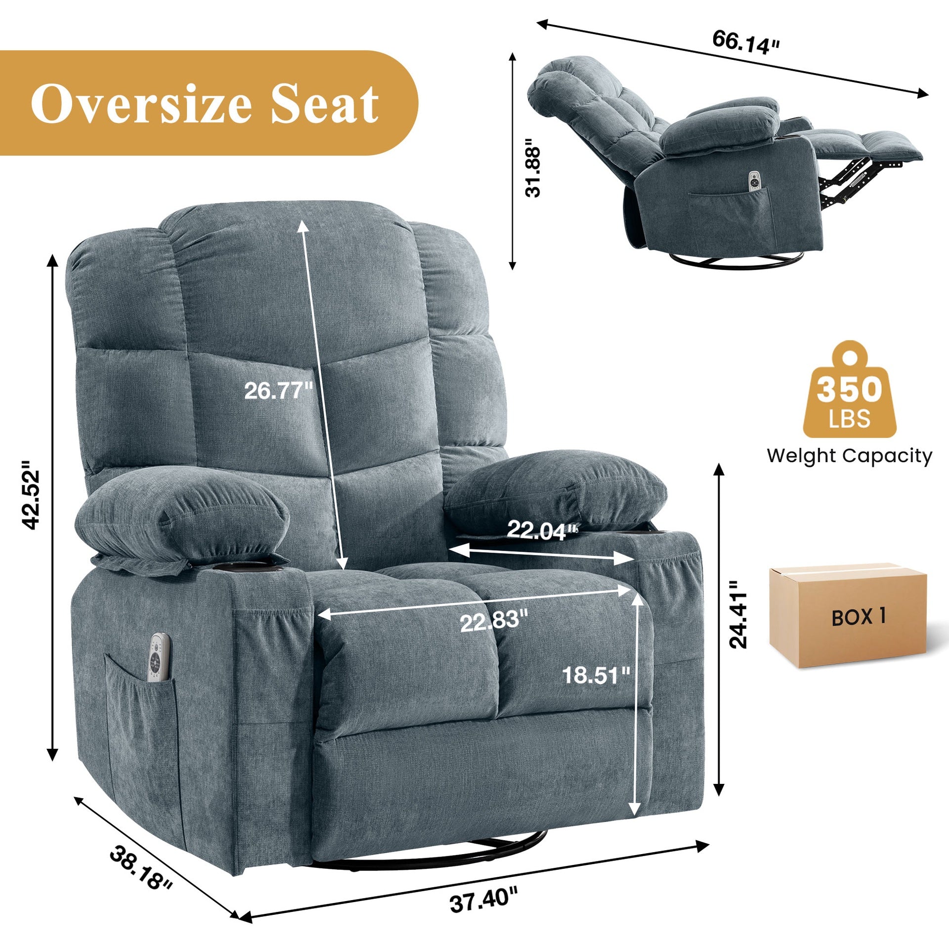 Oversized Massage Swivel Recliner Chair with Lumbar Heating for Living Room Rocker Recliner with Cup Holders and USB Charge Port, for Adult