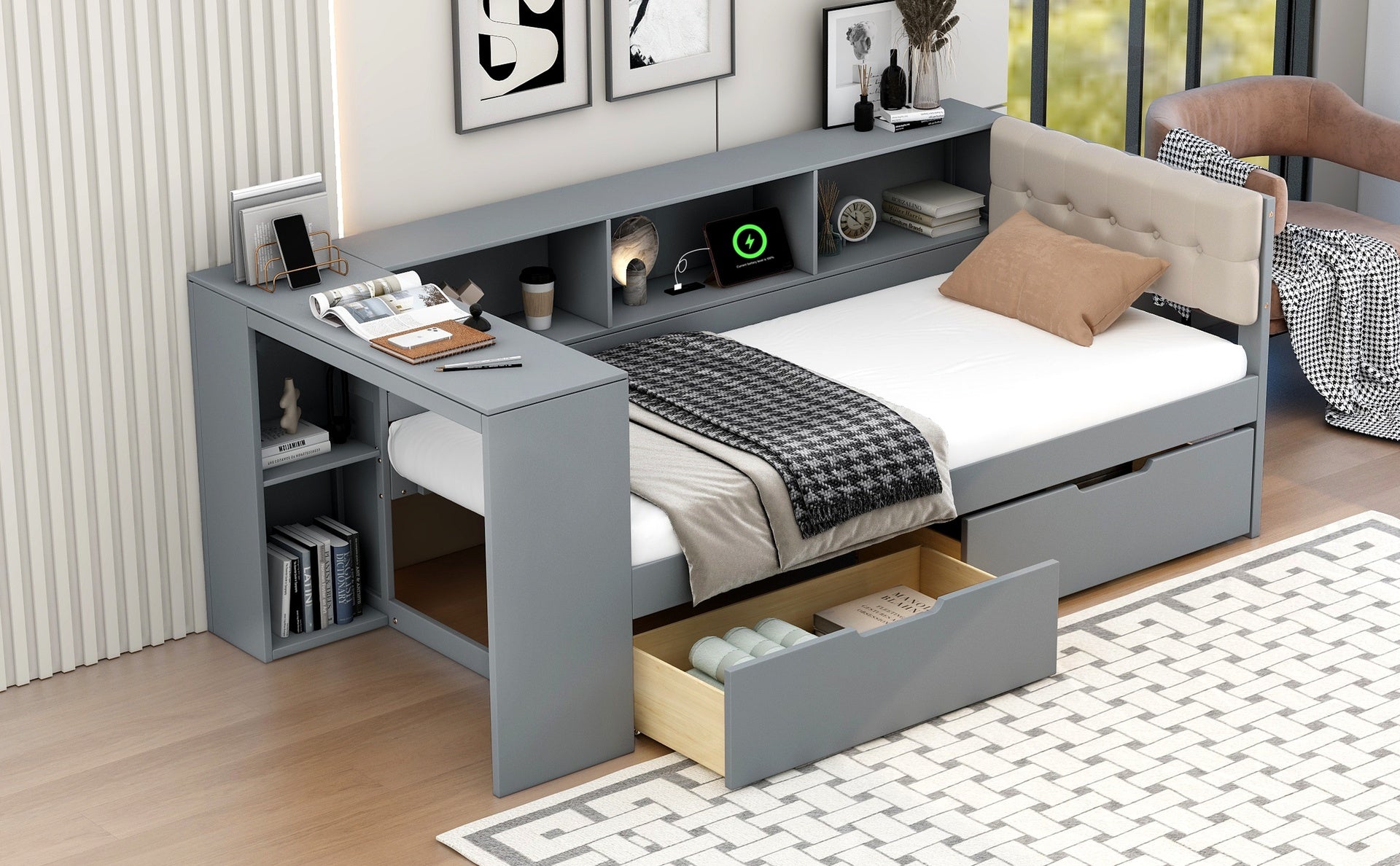 Wood Twin Size Platform Bed with Storage Shelves, Drawers, Charging Station and Upholstered Headboard, Gray
