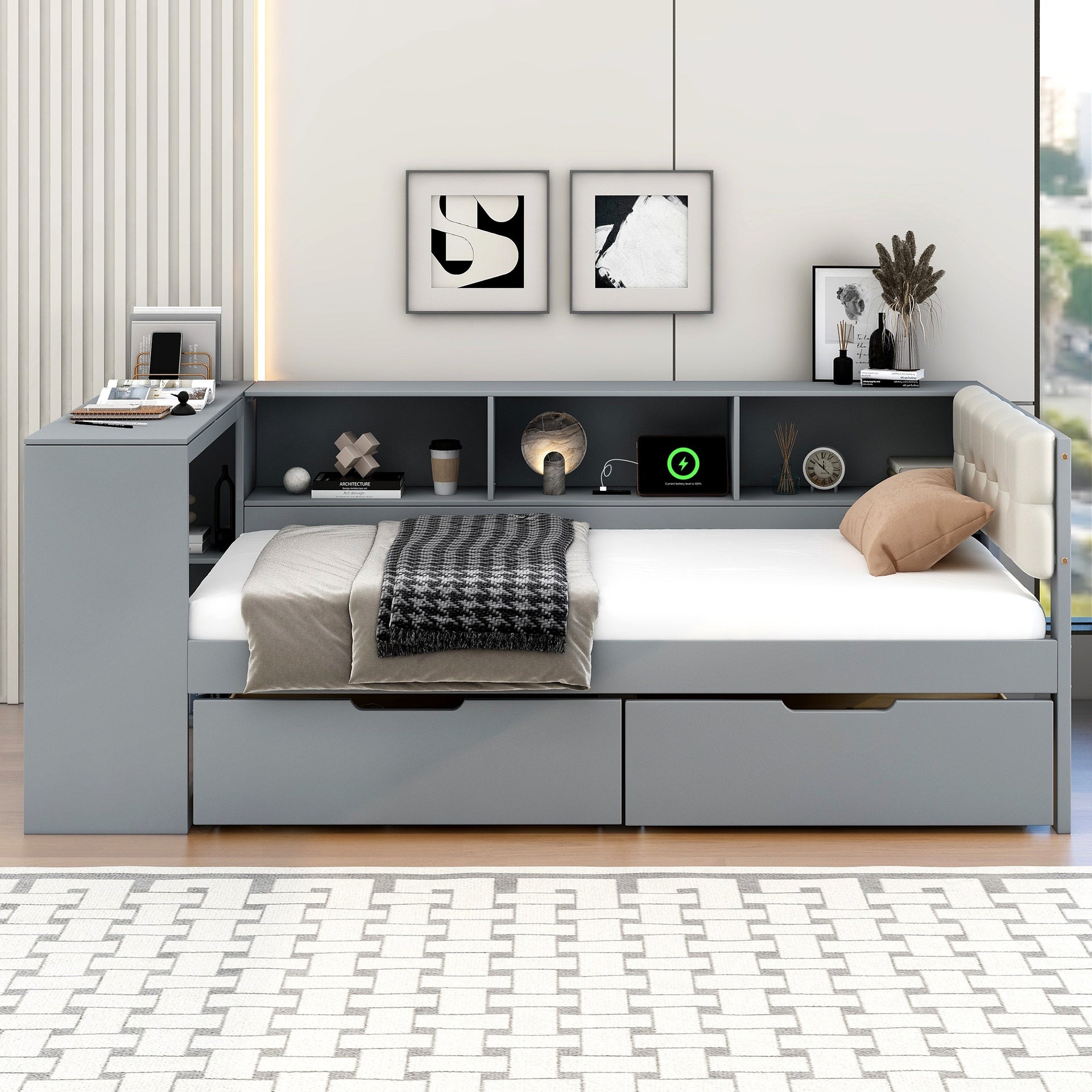 Wood Twin Size Platform Bed with Storage Shelves, Drawers, Charging Station and Upholstered Headboard, Gray