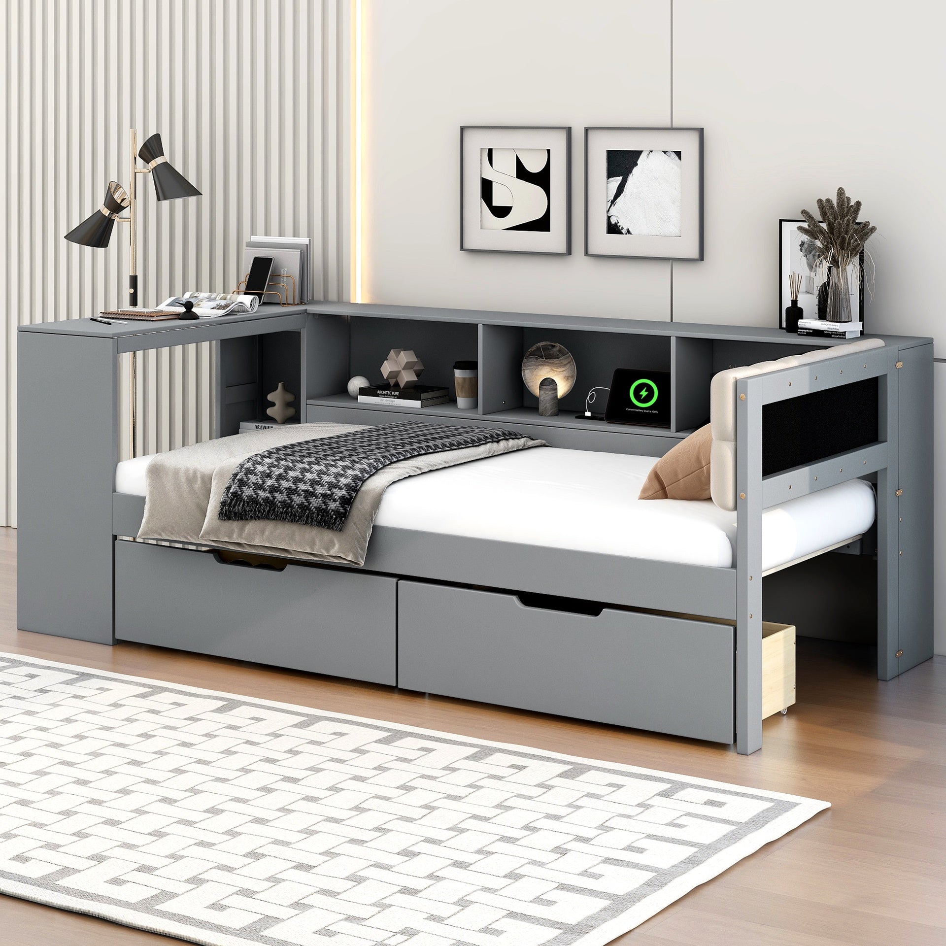 Wood Twin Size Platform Bed with Storage Shelves, Drawers, Charging Station and Upholstered Headboard, Gray