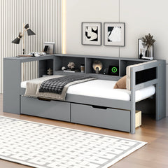 Wood Twin Size Platform Bed with Storage Shelves, Drawers, Charging Station and Upholstered Headboard, Gray