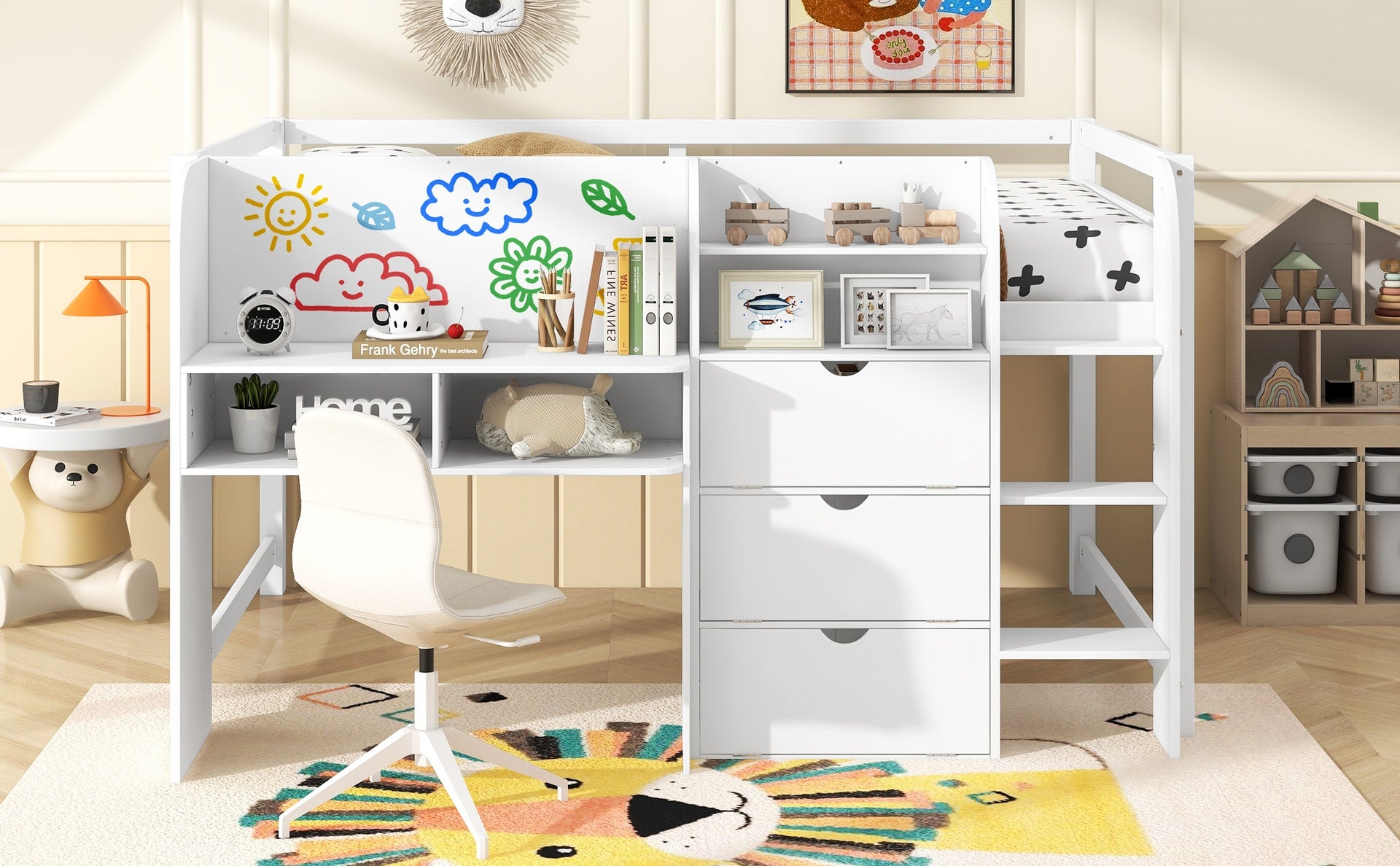 Full Size Low Loft Bed with Built-in Desk,Storage Cabinets and Open Bookcase,Whiteboard for Graffiti,White