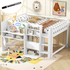 Full Size Low Loft Bed with Built-in Desk,Storage Cabinets and Open Bookcase,Whiteboard for Graffiti,White