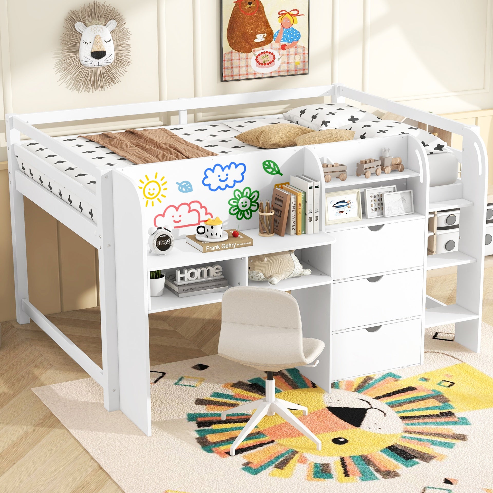Full Size Low Loft Bed with Built-in Desk,Storage Cabinets and Open Bookcase,Whiteboard for Graffiti,White