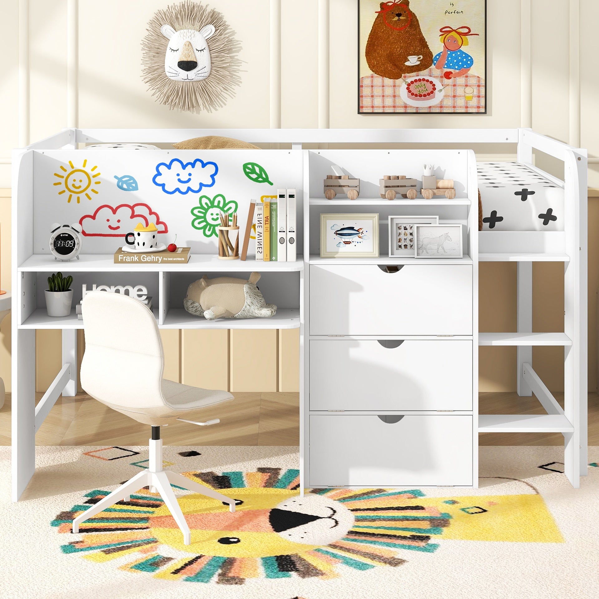 Full Size Low Loft Bed with Built-in Desk,Storage Cabinets and Open Bookcase,Whiteboard for Graffiti,White