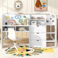 Full Size Low Loft Bed with Built-in Desk,Storage Cabinets and Open Bookcase,Whiteboard for Graffiti,White