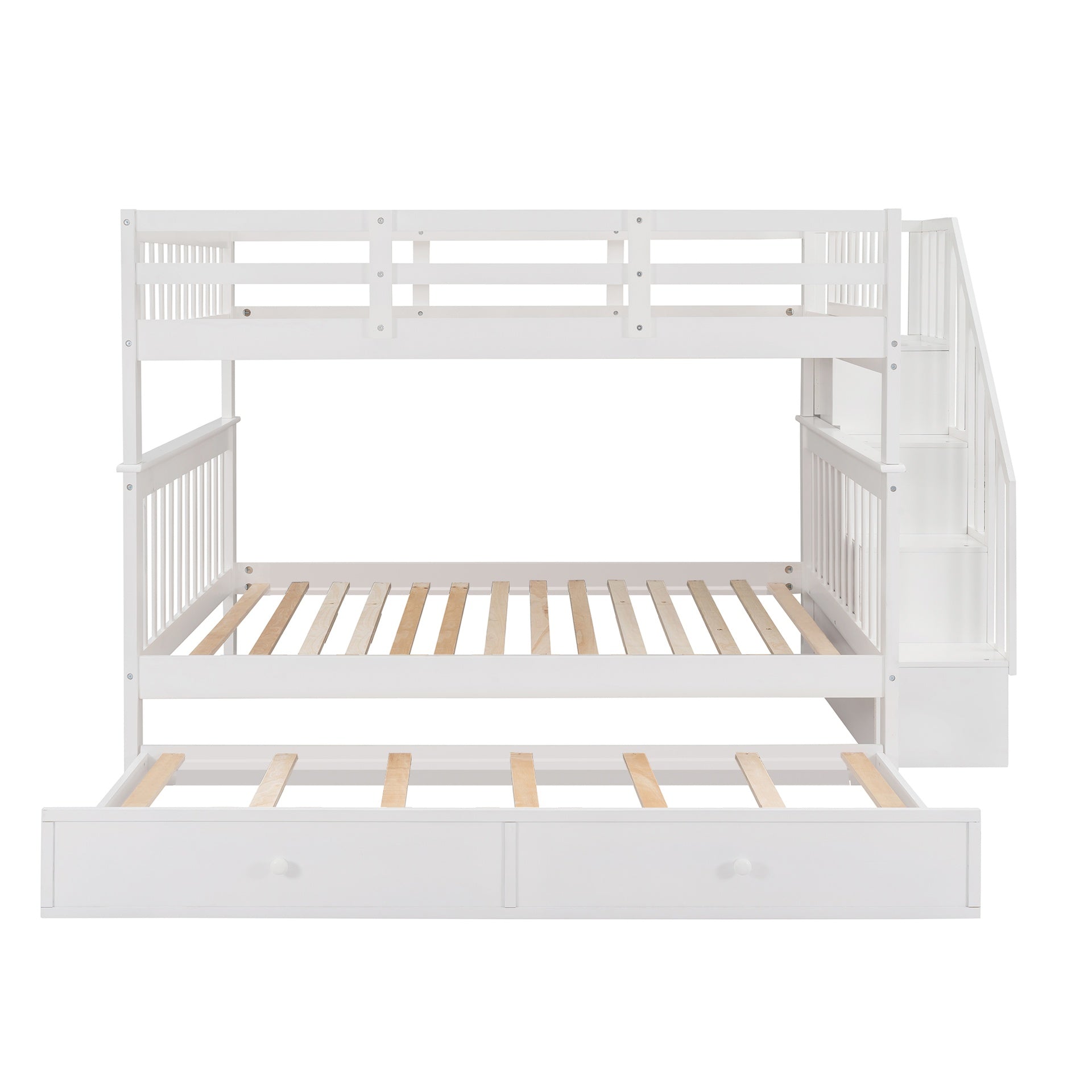 Stairway Full-Over-Full Bunk Bed with Twin size Trundle, Storage and Guard Rail for Bedroom, Dorm - White